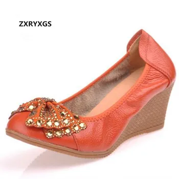 

2019 Newest Rhinestone Bow Cowhide Leather Shoes Soft Comfort Shallow Mouth Wedges Shoes Woman High Heels Shoes Shoes Size 35-40