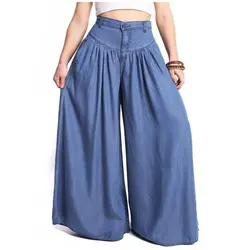 Большие размеры женские с высокой талией Длинные шаровары Карманы Свободные плиссированные джинсовые синие широкие брюки для вечерние
