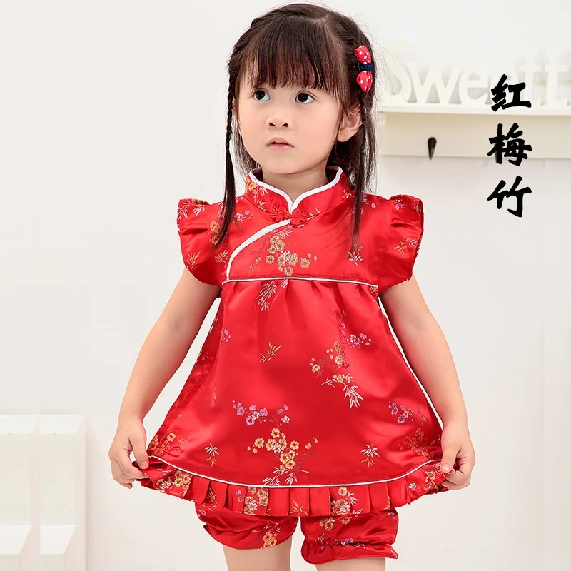 2017 Цветочные Детская наборы Одежда для маленьких девочек костюмы Новый год китайские Топы платья укороченные штаны Ципао