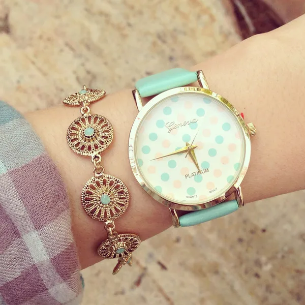 Original fashion multi color polka dot print watch leather watch hot selling quartz casual watch