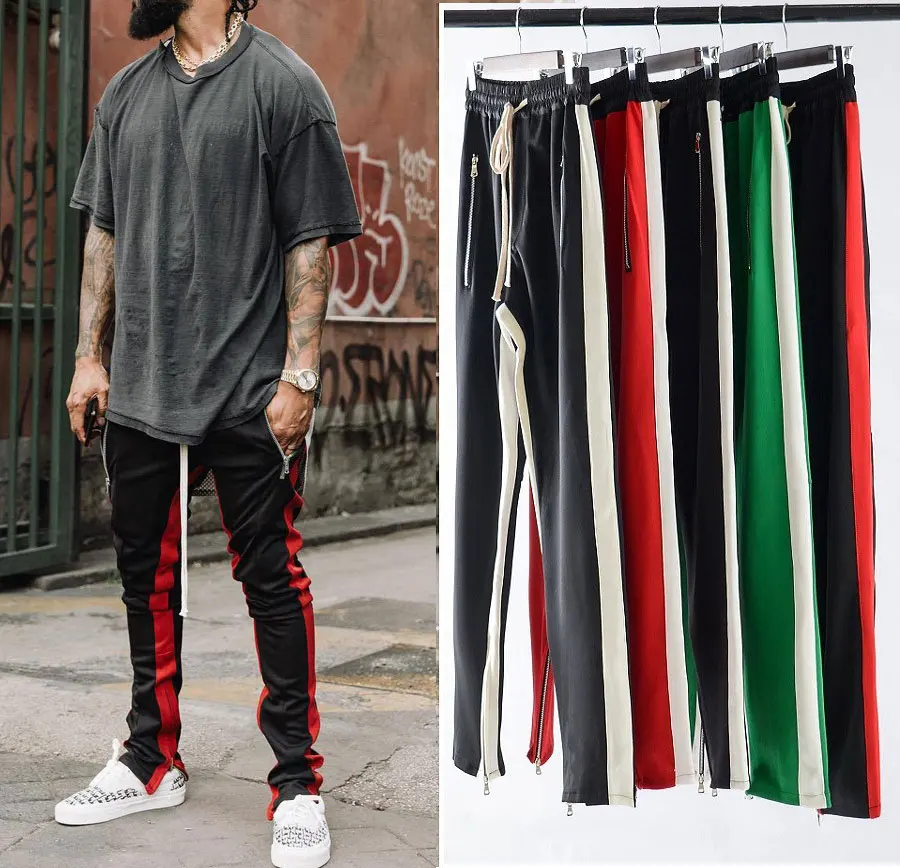 

Side Stripe Elastic Stretch Men Jogger Pants Ankle Zip Hip Pop Tapered Drawstring Gym Streetwear