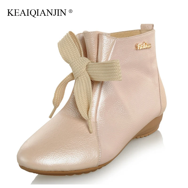 

KEAIQIANJIN Woman Platform Ankle Boots Autumn Winter Genuine Leather Martins Bota Black White Lace Up Oxford Chelsea Boots Cheap