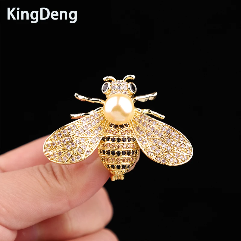 KingDeng Natural Pearl Brooch Korean Personalized Zircon Enamel Pin Women Jewelry Gold Fish Lapel Pin Gifts for Men Cute Copper