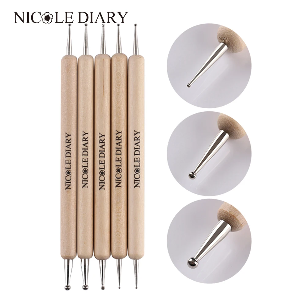 

NICOLE DIARY 5 Pcs Dotting Pen Set Wooden Handle Dual-ended Nail Art 2 Way DIY Dotting Tool Set