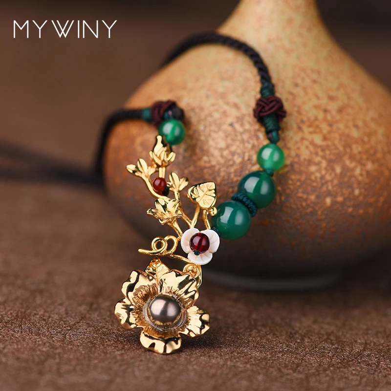 

MYWINY New Chokers flower ethnic necklace fashion shell jewelry women pearl vintage necklace, green chalcedony jewelry
