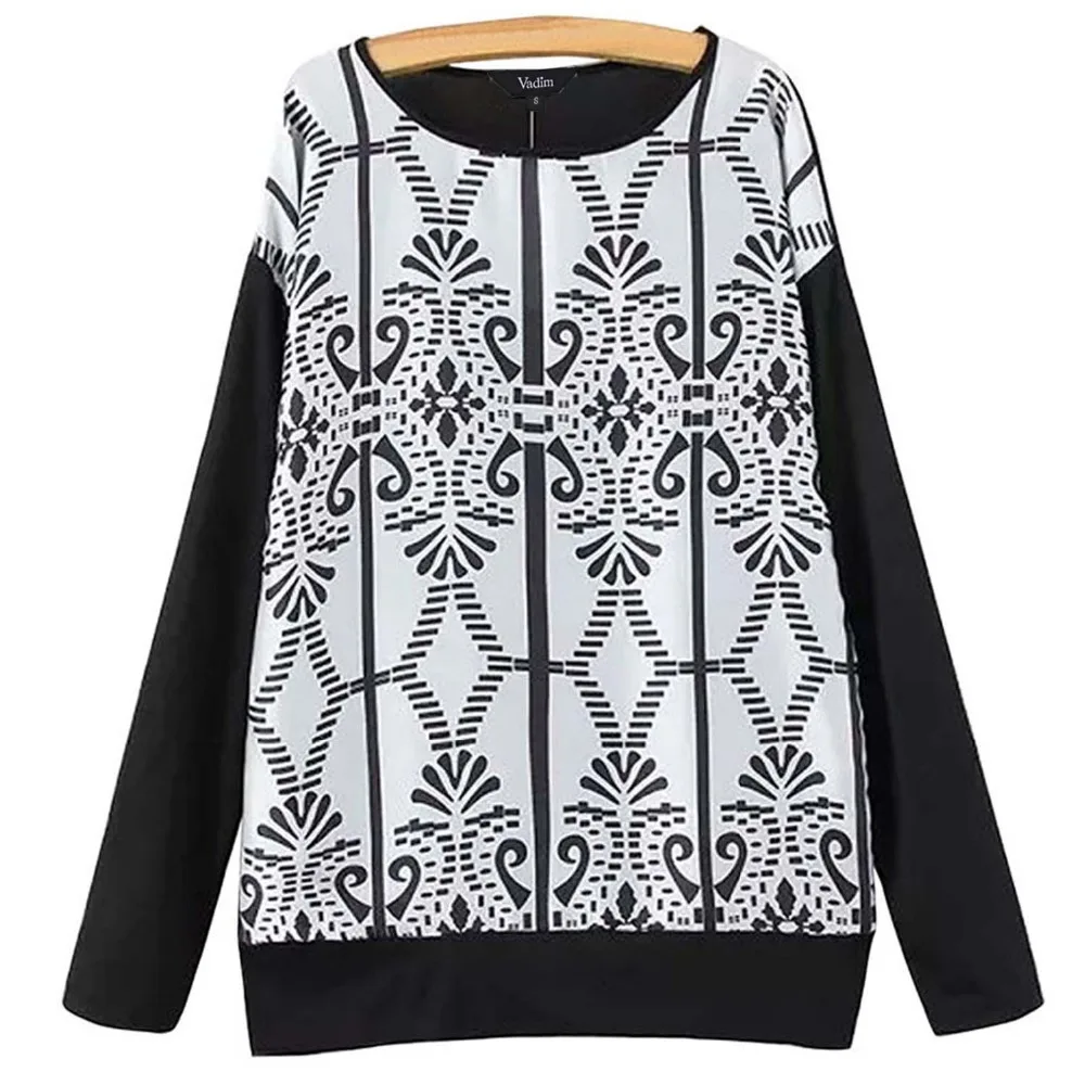 

Women folk style vintage print black t shirt geometric retro tees long sleeve O-neck knitted shirts casual loose tops LT621