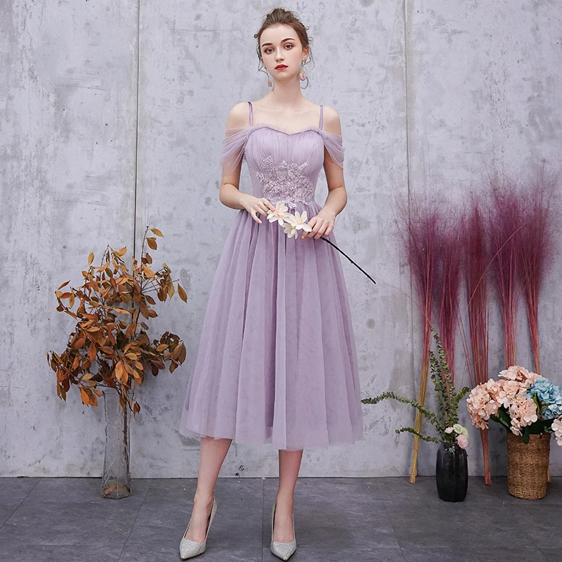 SSYfashion/Элегантные фатиновые платья длиной до колен фиолетового цвета для подружек невесты для женщин, свадебные платья для гостей, вечерние платья на заказ