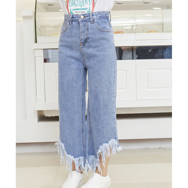 Pearl tassels blue high waist jeans female Streetwear pocket casual