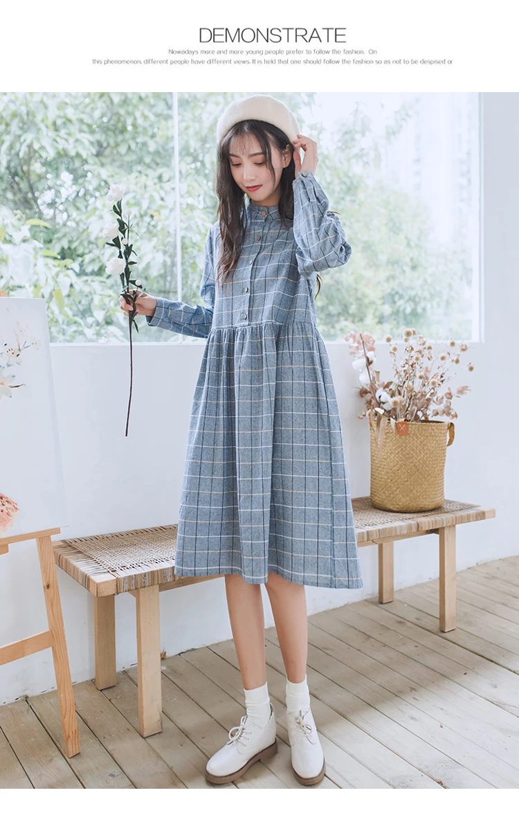 Женское винтажное платье весна-осень,свободное хлопковое платье японского стиля "Mori Girl",милое платье в клетку,нежное платье с длинным рукавом и карманами,серого-голубого цвета