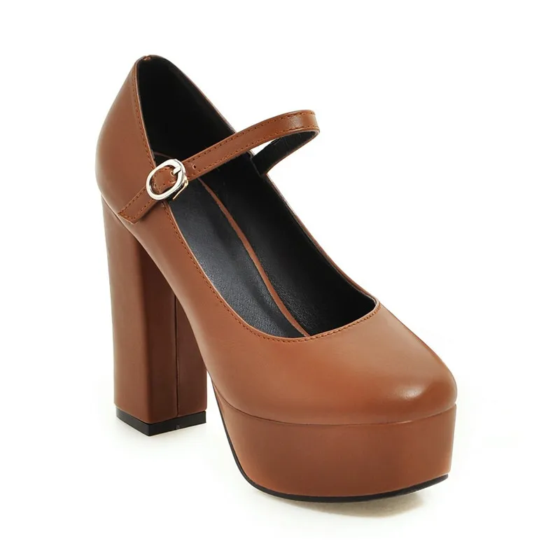 MORAZORA/Новое поступление года; Туфли mary jane на высоком каблуке; женские туфли из искусственной кожи на платформе с круглым носком; модные вечерние женские туфли-лодочки с пряжкой - Цвет: brown