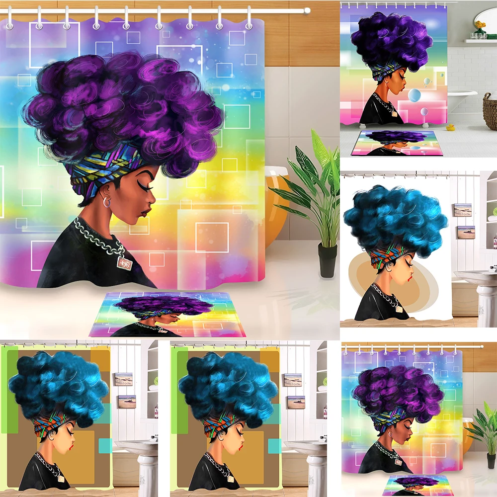 

African Girl Explosive Head Bathroom Curtains Waterproof 3D Print Shower Curtain Polyester Fabric Curtain with 12 Free Hooks
