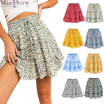 

Prairie Chic Sweet Girls Skirt 2019 Floral Print Above Knee Lace-Up Mini Skirts Women Casual Multi-Color Fashion Beach Style