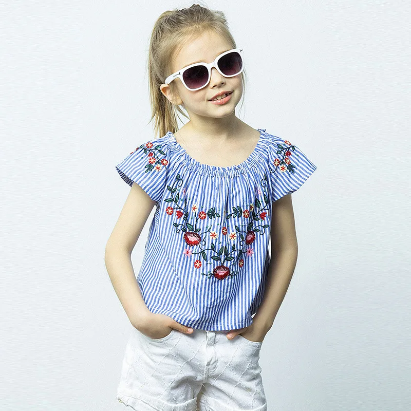 2019 Летняя Детская Повседневная Блузка в этническом стиле с короткими рукавами, в полоску, с винтажным цветочным принтом, топы для девочек