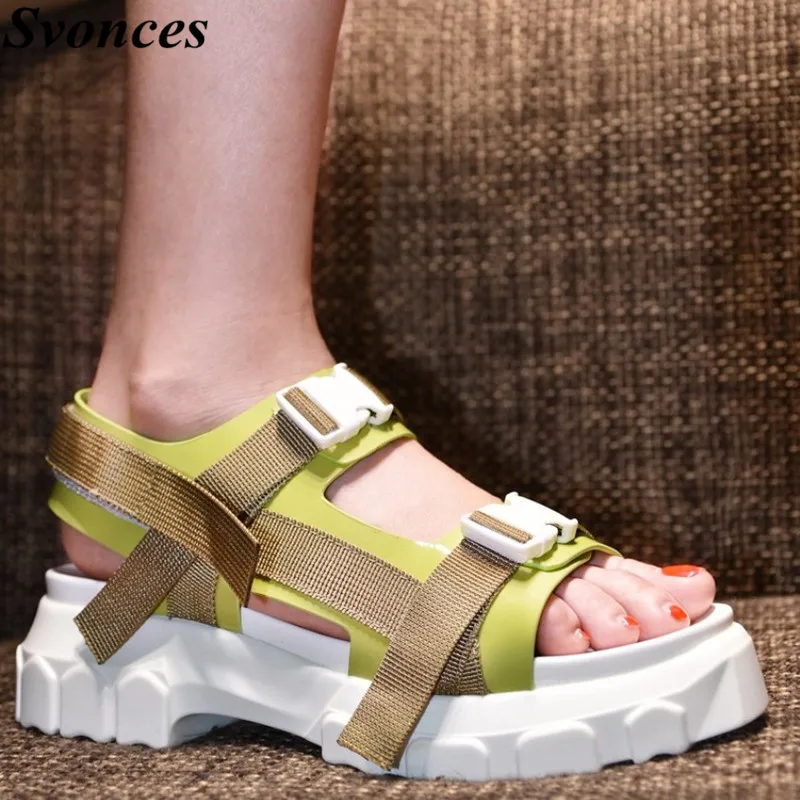 Summer Platform Shoes Fashion Buckle Strap Women Sandals Casual Platform Sandals Lemon Green 