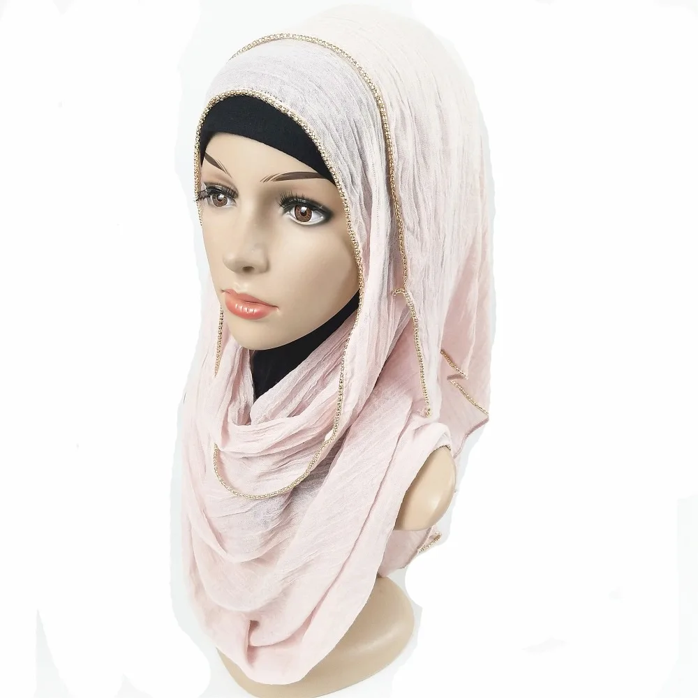 W3 сплошной хиджаб шарф золотые бусины мусульманские хлопковые шарфы с изображением цепи Простой палантин шаль Макси модная головная повязка длинные шарфы 180*80 см