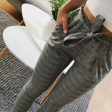 2019 OL high waist harem pants bow tie drawstring sweet elastic waist pockets casual trousers pantalones grey casual drawstring waist zipper design pants with four pockets