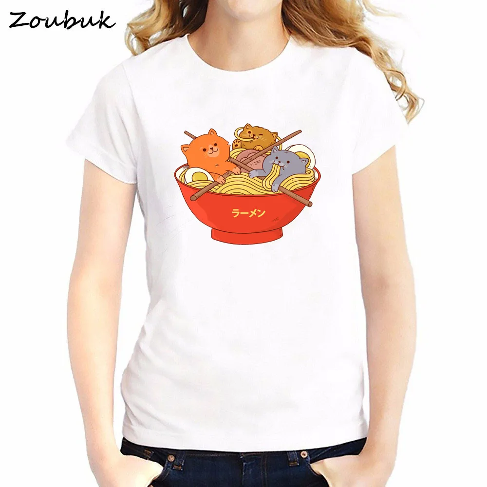 

Ramen noodles and cats printed t shirt men women harajuku funny shirt white tshirt o-neck short sleeve summer top novelty tee