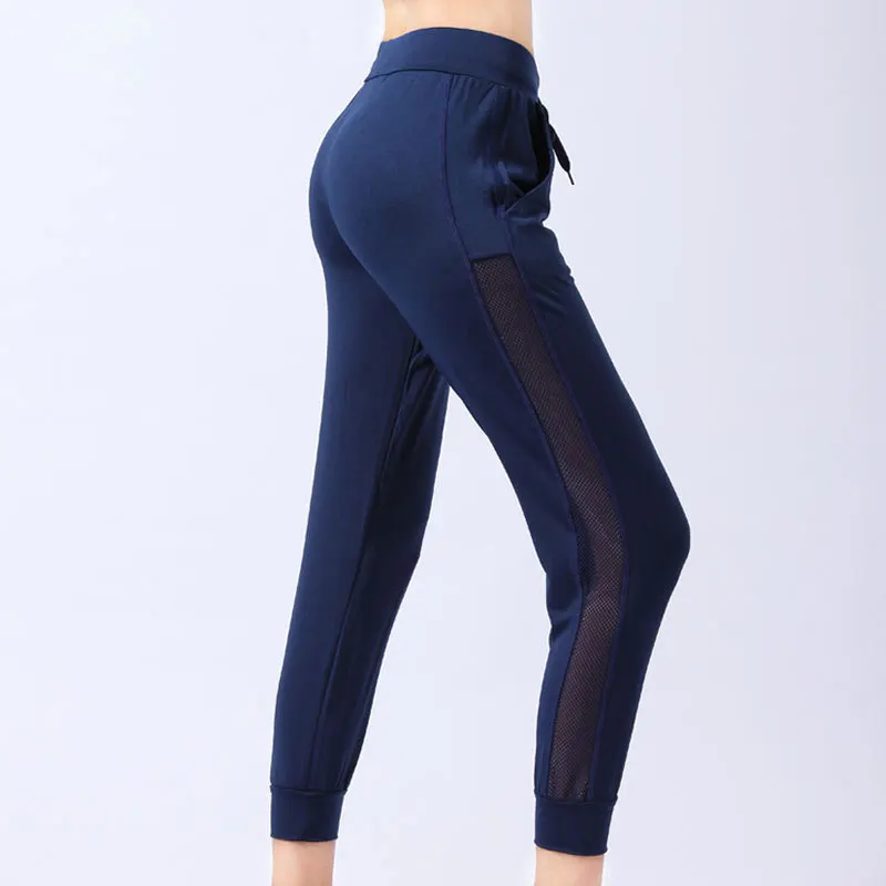 

Dry Breathable Women Running Fitness Loose Pants Quick Soft Pants Yoga Stripe Elastic Drawstring Trousers Mesh Pant