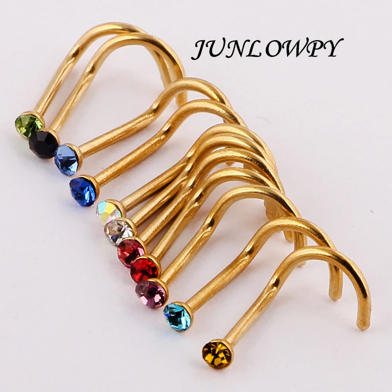 Junlowpy 50pcs Nose Rings 10 Colors Nostril Nose Ring Screw Studs Body