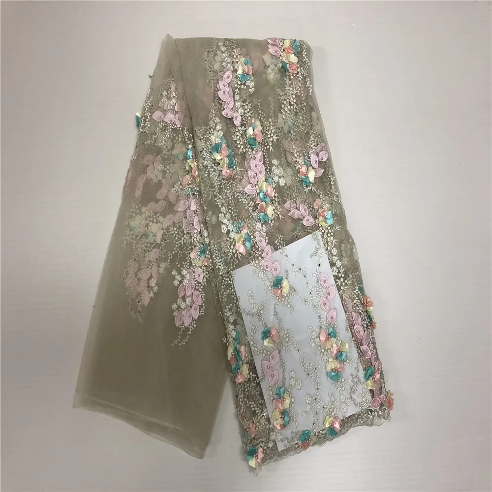 

High Quality 2018 3D Applique Nigerian Lace Fabrics Tulle Beaded African Lace Fabric Guipure Embroidered French Lace S5-1