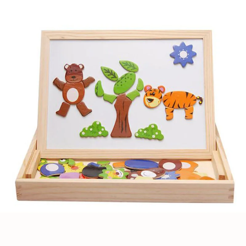 

Magnetic Puzzle Wooden Toys for Children Kids Lovely Animals Designs Puzzle Box with Writing and Drawing Black Board Kids Toy
