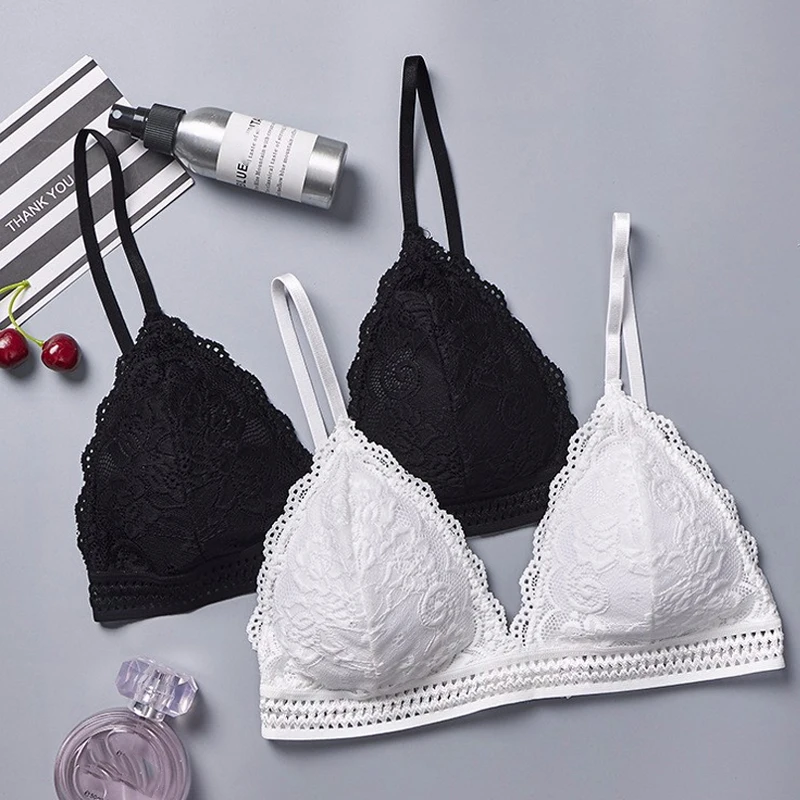  DeRuiLaDy 2PCS French Style Bralette Seamless Deep V Lace Bra Wireless Thin Underwear Sexy Lingerie