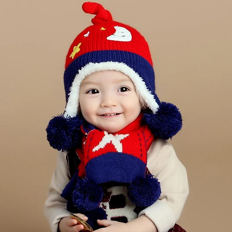 Baby hat scarf set girls winter hats Christmas cute fleece earflap cap boys toddler knitted children cap scarf newborn baby cap