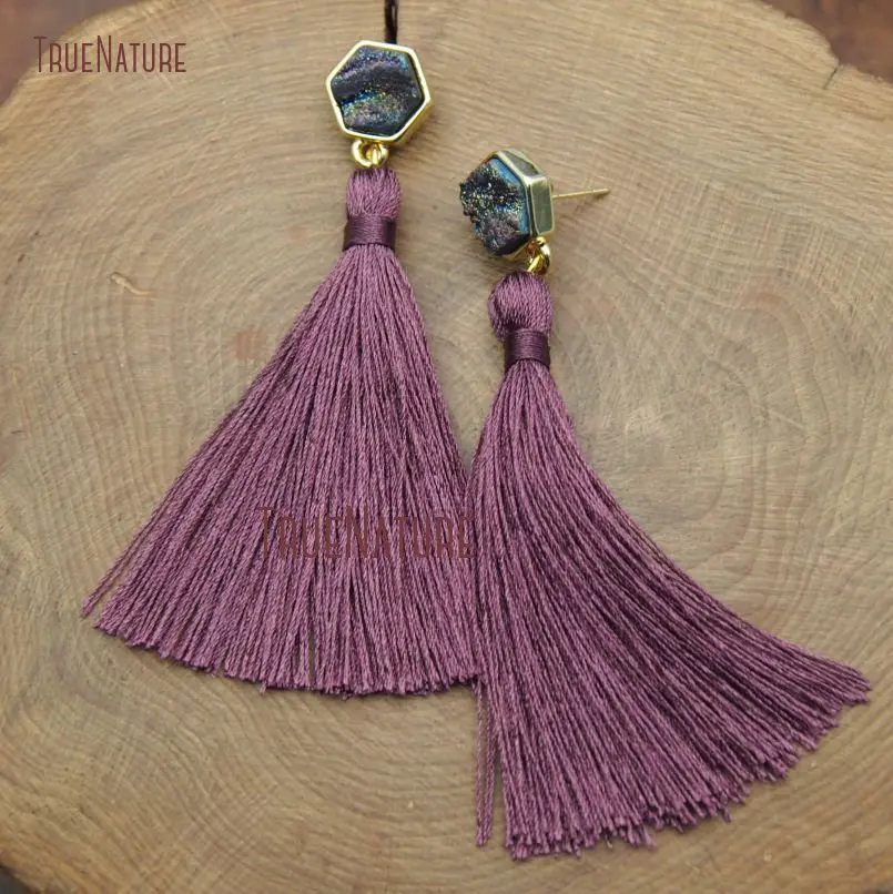 

New Purple Color Long Silk Tassel Fringe Pendant Earrings Hexagonal Shape Rainbow Charm Druzy Stud Earrings 3.5 inch ER9228