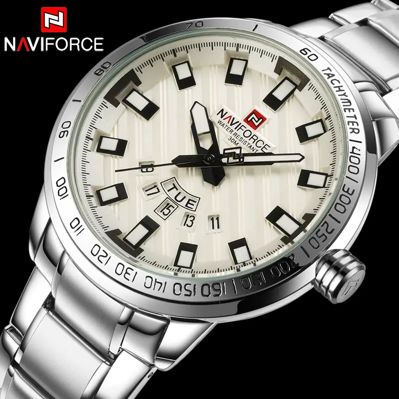 men quartz watch NAVIFORCE luxury sport watches business silver steel watch 30M waterproof calender wristwatches reloj