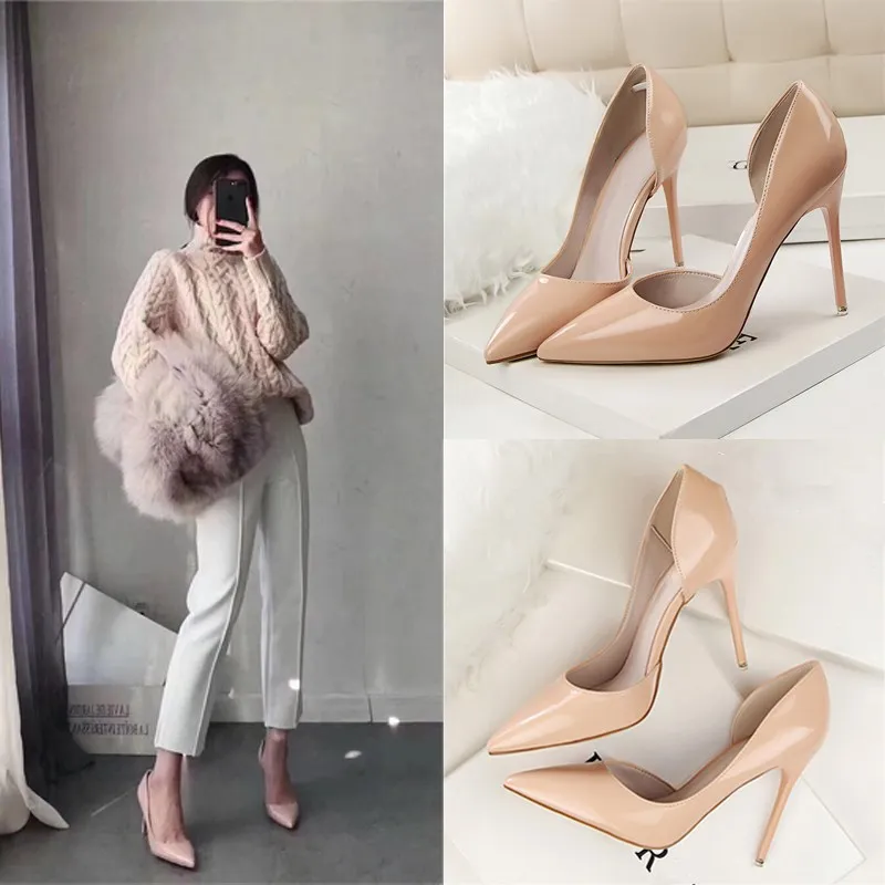

EOEODOIT Leather Pumps Women Shallow Mouth Side Empty Sexy Pointed Toe High Stiletto Thin Heels Party Wedding Club Shoes 10 cm