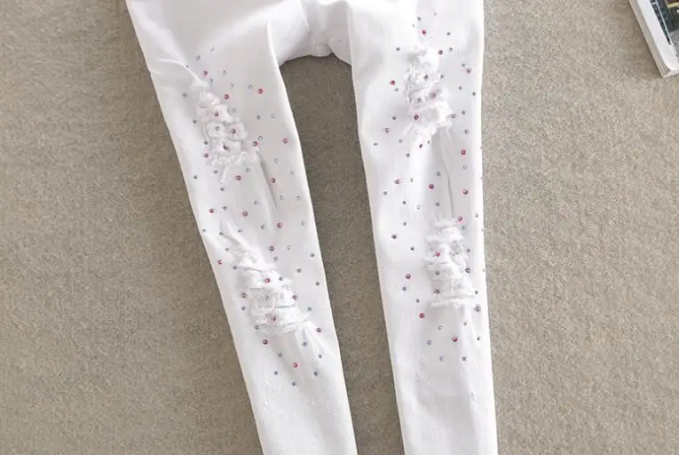 Новый Джинсы с прорехами женщин дрель тонкий узкие брюки джинсы белый