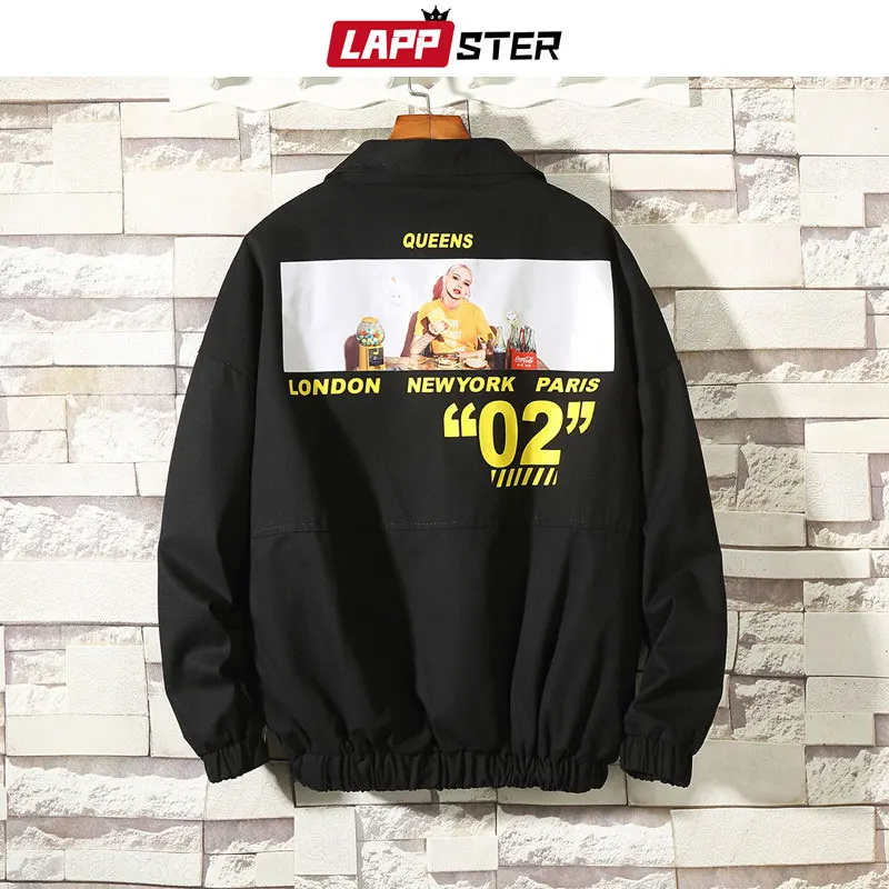 

LAPPSTER Men Streetwear Harajuku Print Bomber Jacket 2019 Mens Hip Hop Black Jacket Windbreaker Vintage INS Spring Jackets Coats