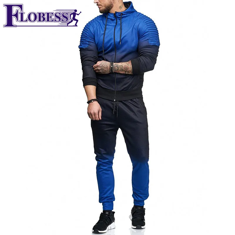 

FLOBESS 2018 Men Gradual color Print Sports Two Piece Set Men's Autumn Sportwear Sets Men Leisure Tracksuits Top Jackets+Pants