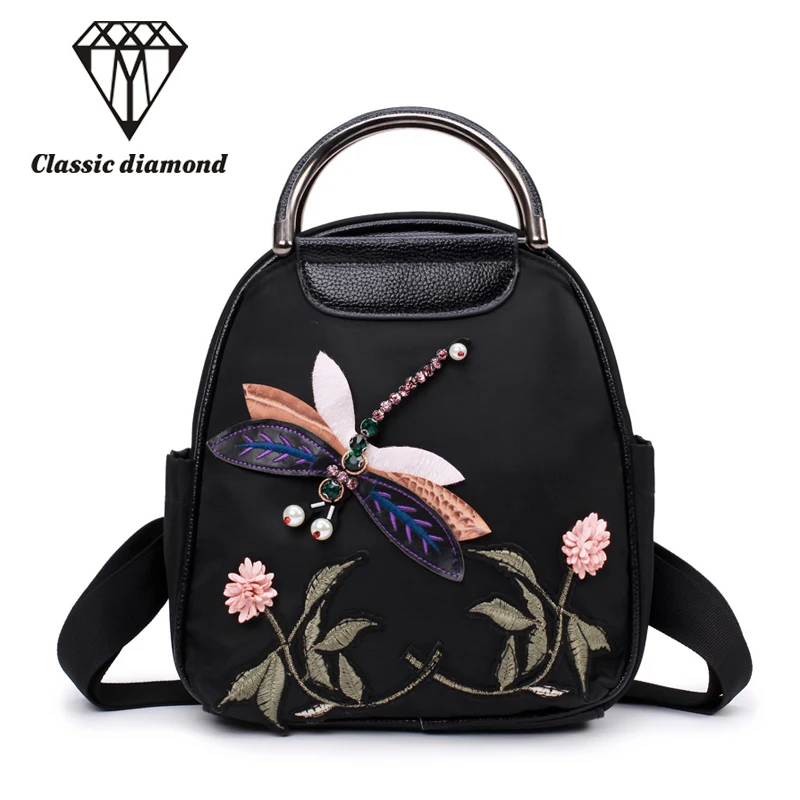 

Embroidery Women Backpack 2018 Anti-theft Fashion Waterproof Nylon Dragonfly Shoulder Bag Floral Travel School Bag Teenage Girls
