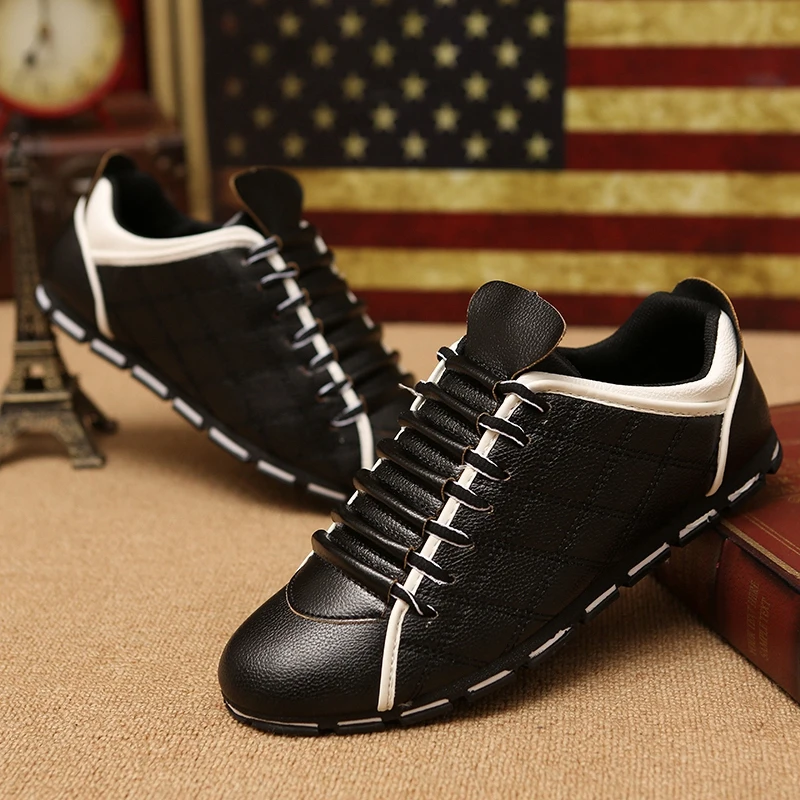 New 2016 High Quality Men PU Leather Flats Lace Up Fashion Casual black