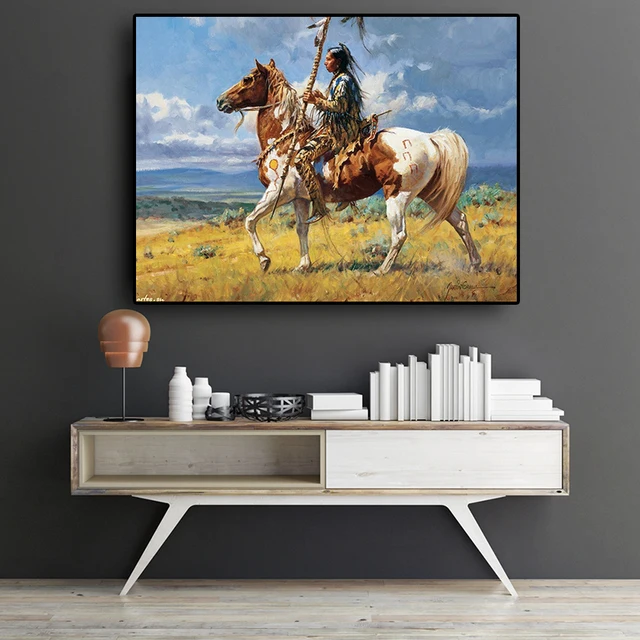 Cuadro al óleo de caballo indio nativo sobre lienzo, pósteres e impresiones, arte de pared para sala de estar Cuadro al óleo de caballo indio nativo sobre lienzo, pósteres e impresiones, arte de pared para sala de estar