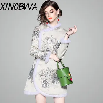 

Chinese Style Women's Improved Cheongsam Thick Warm Cotton Mini Dress Female Real Rabbit Fur Collar Retro Jacquard Winter Dress