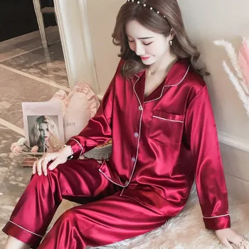 

Sexy Faux Silk Satin Women's Pajama Set Casual Loose Long Sleeve Lady Sleepwear 2020 Spring Autumn Elegant Female Homewear