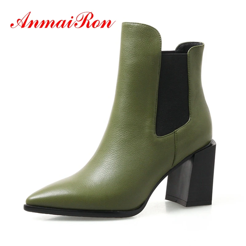 

AnmaiRon New Fashion women short boots lady solid pointed toe slip-on high heel botas mujer Big size ZYL1274