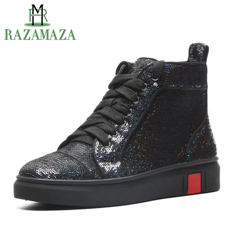 

RAZAMAZA Fashion Glitter Ankle Boots Women Shoes Girl Flat Spring Boots Cross Strap Round Toe Casual Boots Footwear Size 34-39