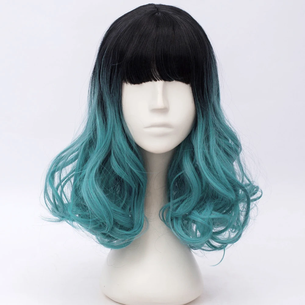 

Lolita 40CM Medium Black Mixed Blue Curly Anime Party Lady Bangs Hair Cosplay Synthetic Wig+Wig Cap Heat Resistant H765379