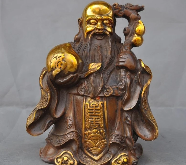 

12"Old chinese bronze gilt Shou Tao Peach Gourd Longevity god immortal Statue