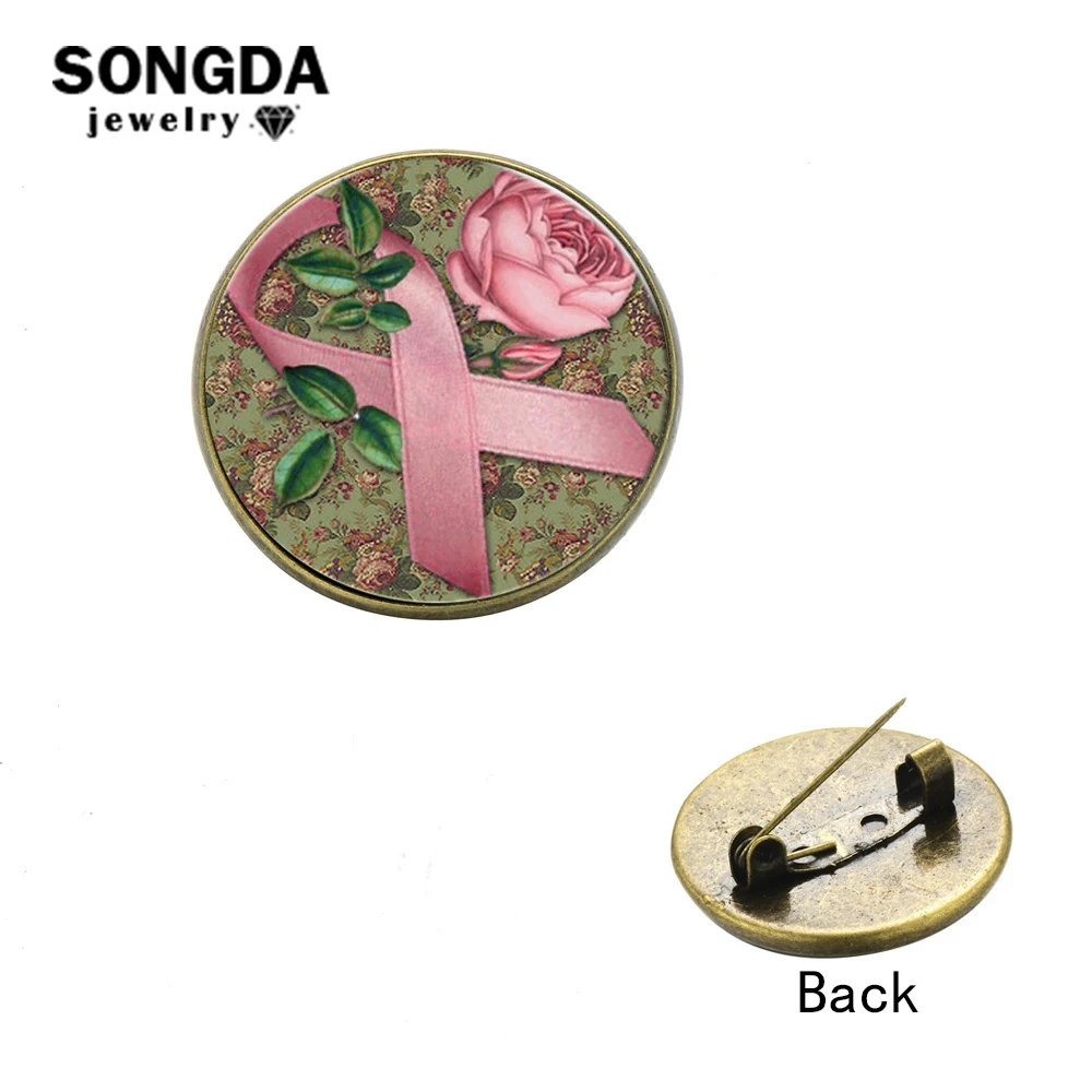 

SONGDA Fashion Breast Cancer Awareness Pink Ribbon Art Photo Glass Dome Metal Icons Pins Brooches for Suit Sweater Coat Backpack