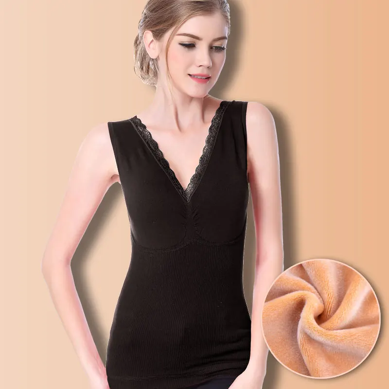 

Thermal underwear women backing double warm velvet elastic vest cotton lace body seamless sleeveless thermo inner wear famale