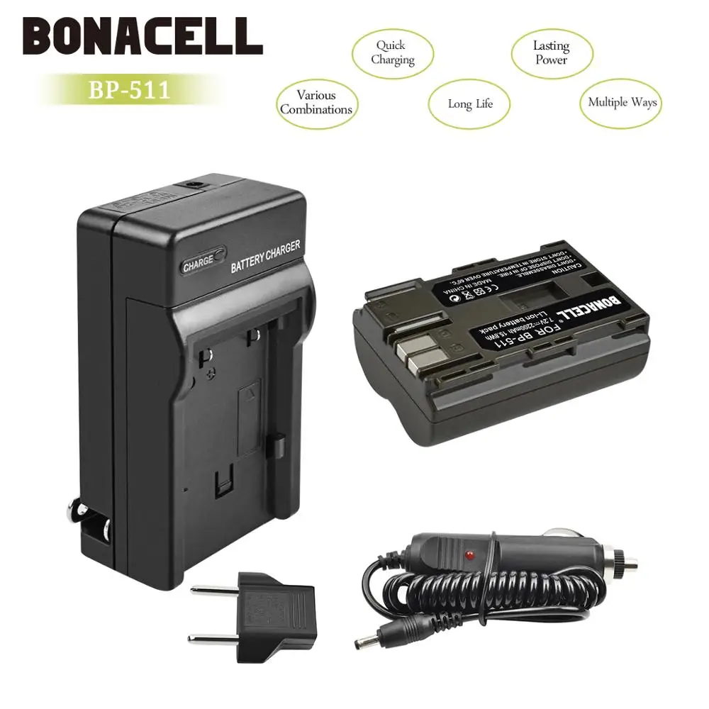 Bonacell 7,2 V 2200 мА/ч, BP-511 BP-511A BP 511A Батарея+ Батарея Зарядное устройство для цифровой однообъективной зеркальной камеры Canon EOS 40D 300D 5D 20D 30D 50D 10D G6 L10