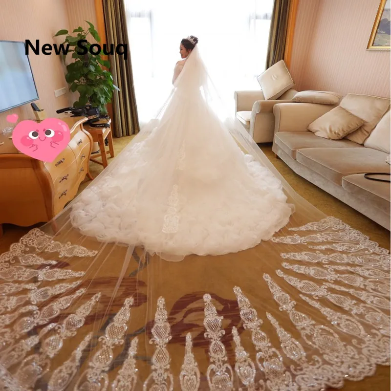 

Gorgeous Rhinestone Sequin Applique Lace Wedding Veils Cathedral Veil One Layer Long Bridal Veil With Comb Wedding Accessories