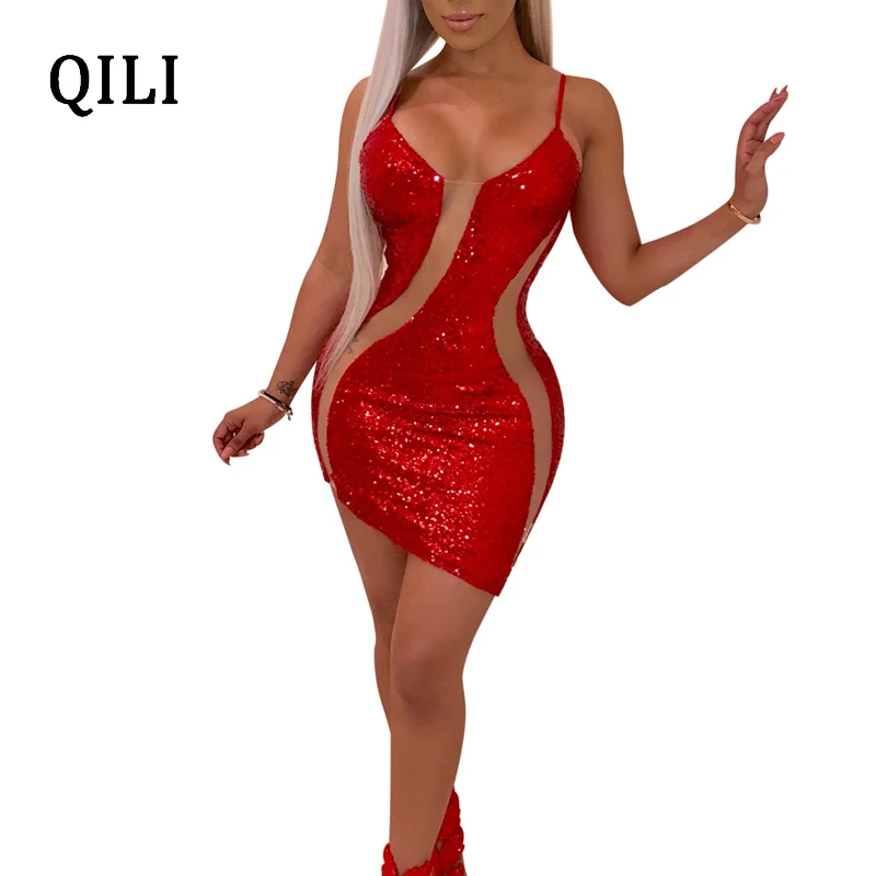 

QILI 2019 New Hot Women Sequin Dress Mesh Patchwork Sleeveless O Neck Short Dresses Sexy Womens Party Club Dress Red Black Gold