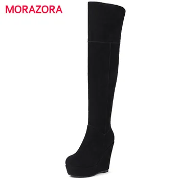

MORAZORA 2018 new round toe wedges platform boots autumn winter super high heel over the knee boots cow suede leather boots