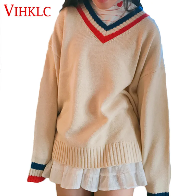 

Ulzzang College Style V-Neck Color Matching Sweater Women Pullovers Autumn Winter New Korean Students Loose Sweaters X189