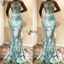 Горячая Зеленая мята Оболочка Аппликации Сексуальная Темно-девушка женщин спинки Пром платье с русалочкой длинное торжественное платье макси индивидуальный заказ прозрачная